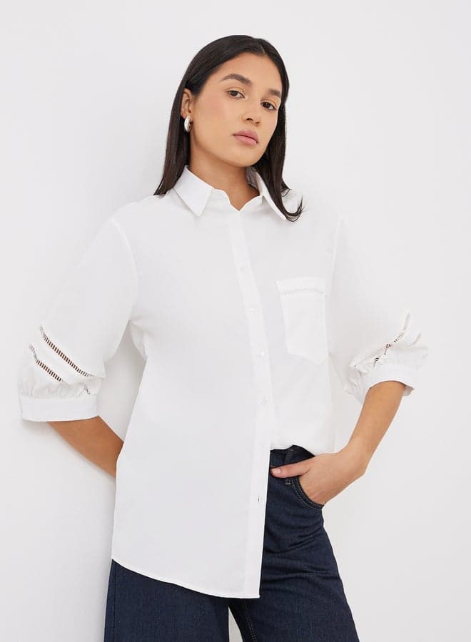 White Cut-Out Sleeve Longline Shirt for Women - Image 1