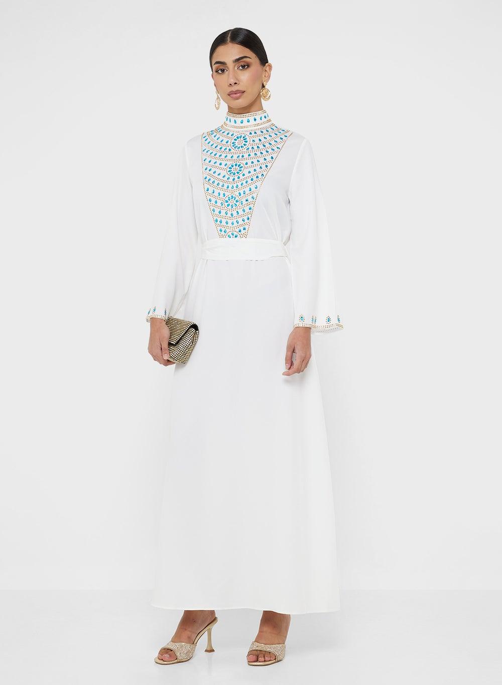 Wes11 White Embellished Maxi Dress High Neck Elegance - Image 1