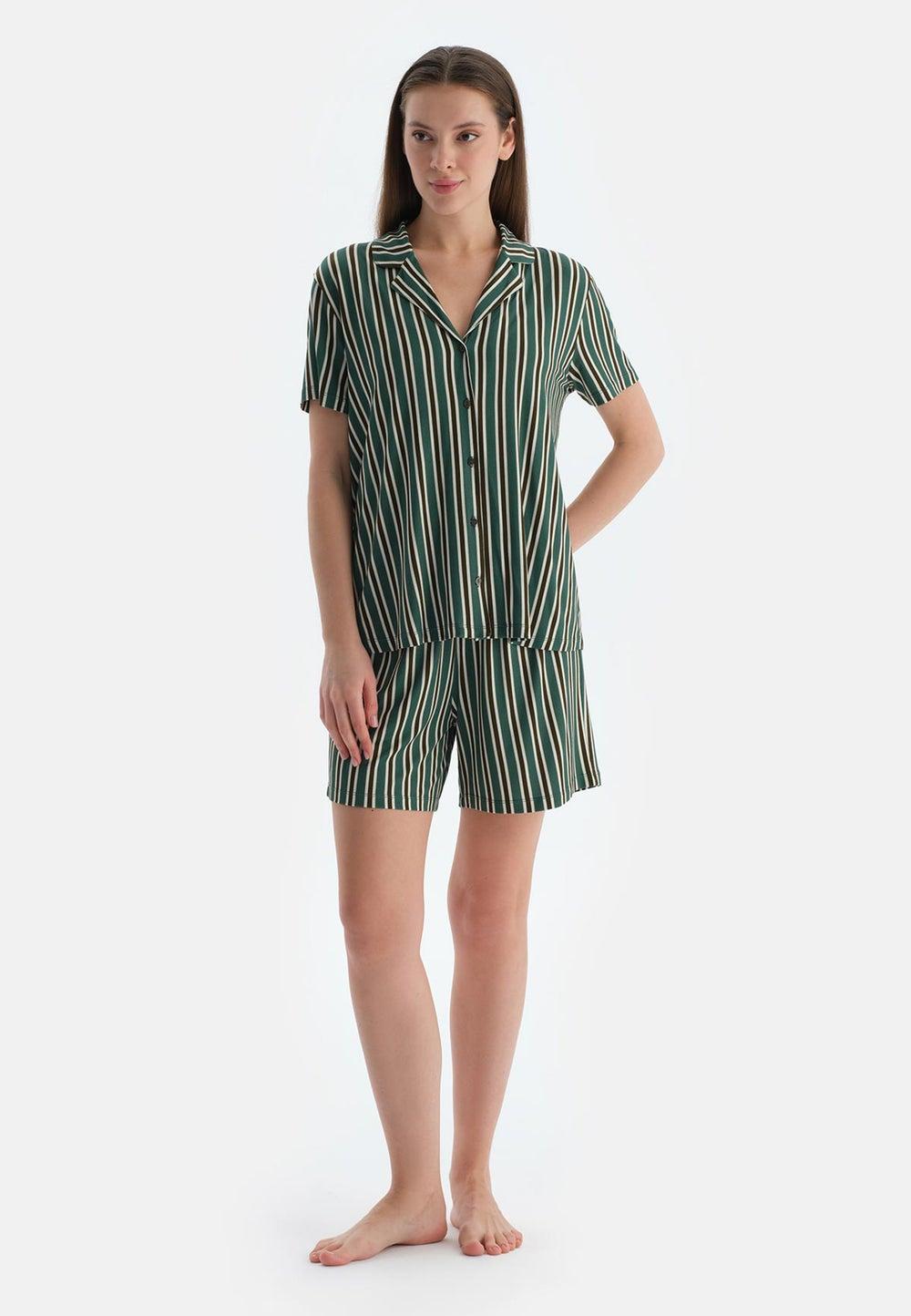 Dark Green Striped Viscose Nightwear Set 25Sw17824Bb - Image 1