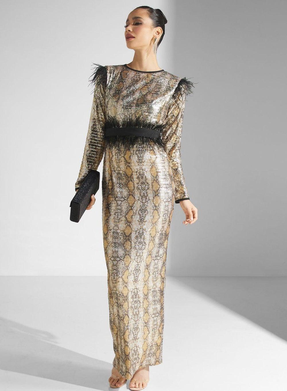 Feather Trim Snakeskin Sequin Evening Gown - Image 1