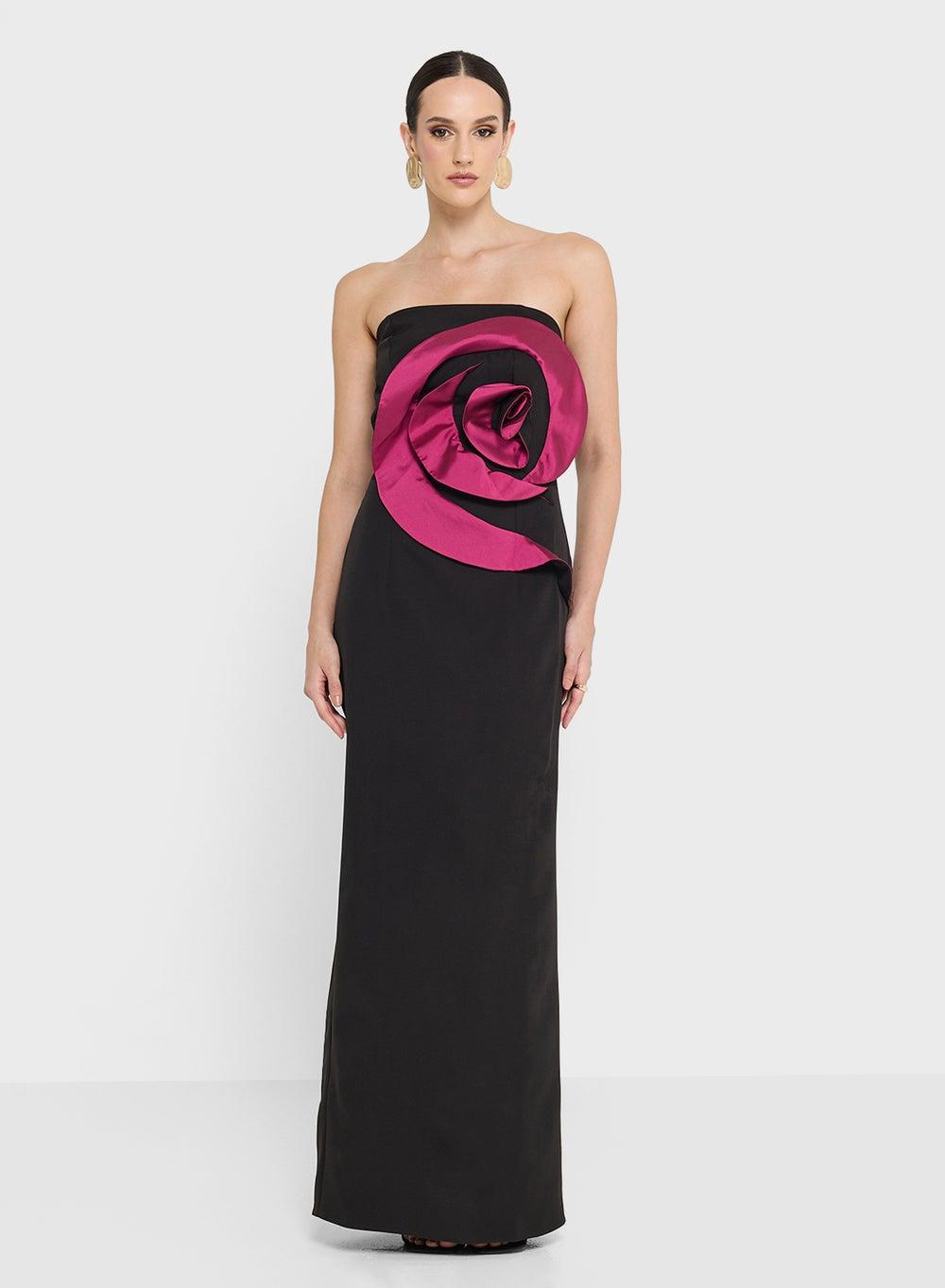 Kh877 Black Bandeau Maxi Dress with Floral Accent - Image 1