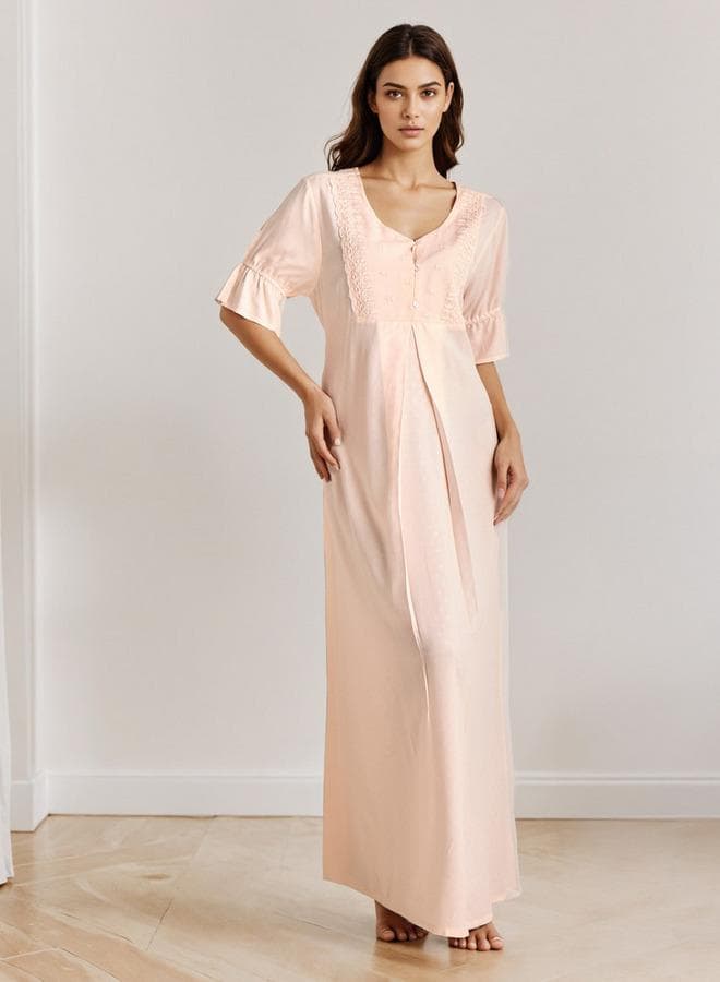 Beige Embroidered Viscose Maxi Nighty - Image 1