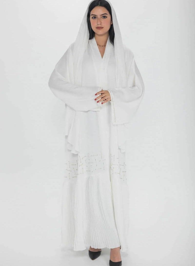Off White Pleated Abaya with Gold Embellishments - Image 1