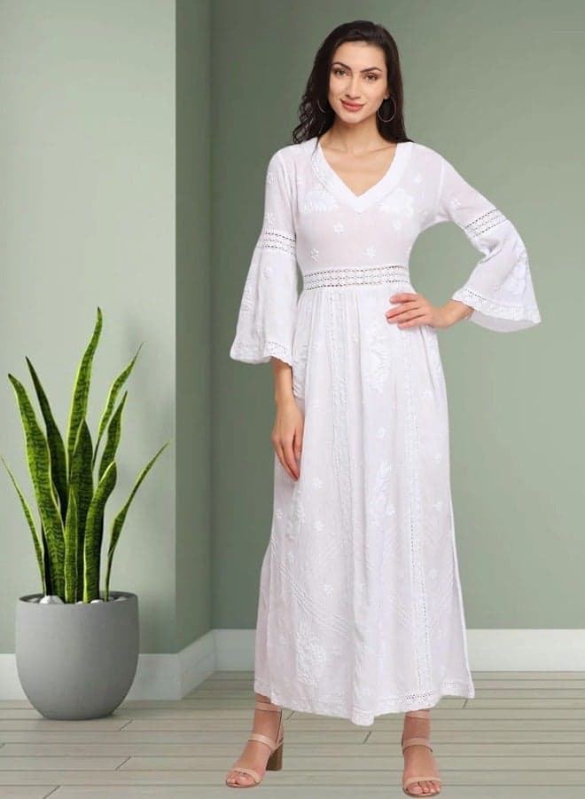 White Embroidered Maxi Dress with Bell Sleeves - Image 1