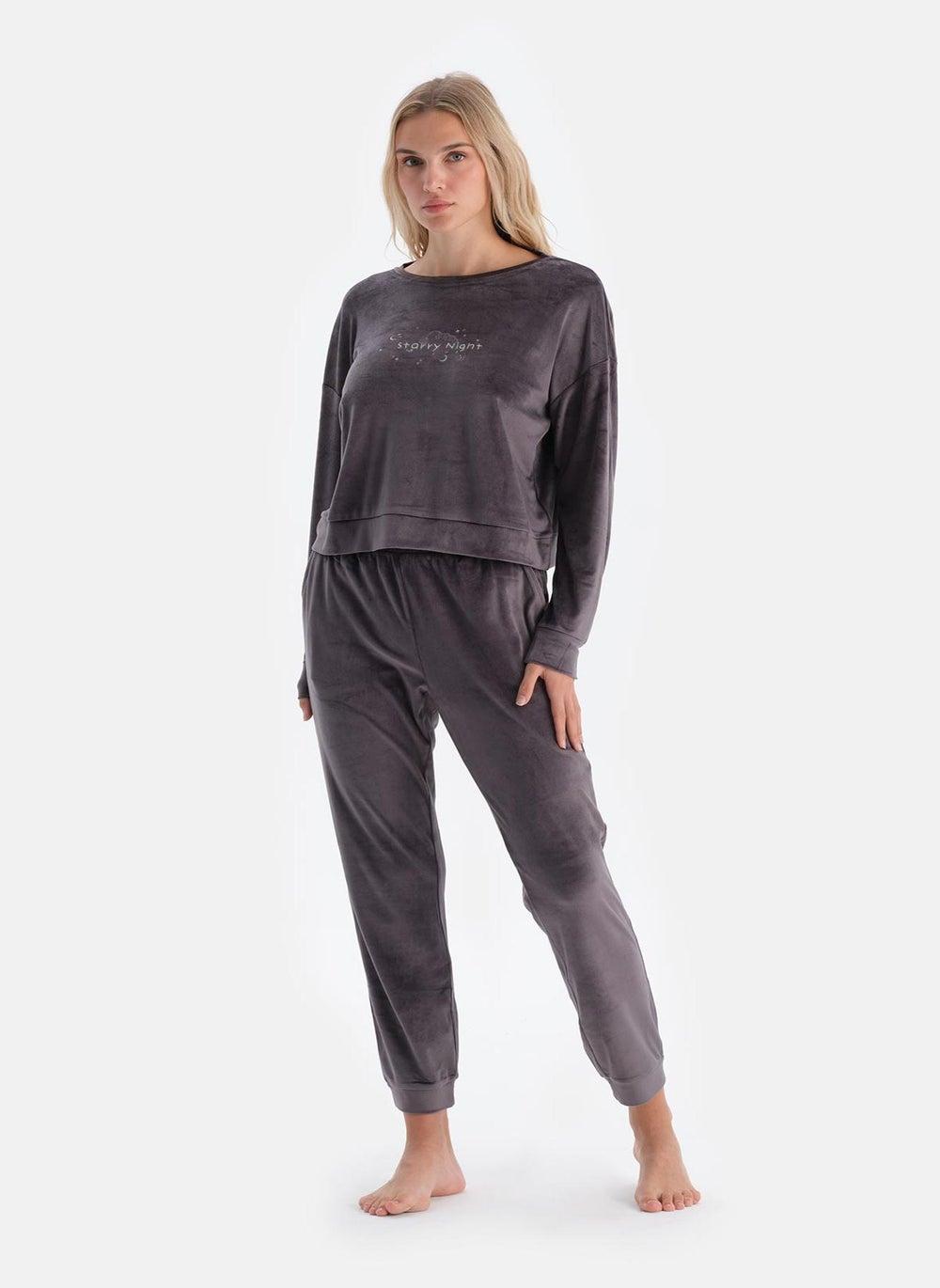 Grey Velvet Slogan Pajama Set 24Aw17664Bb - Image 1