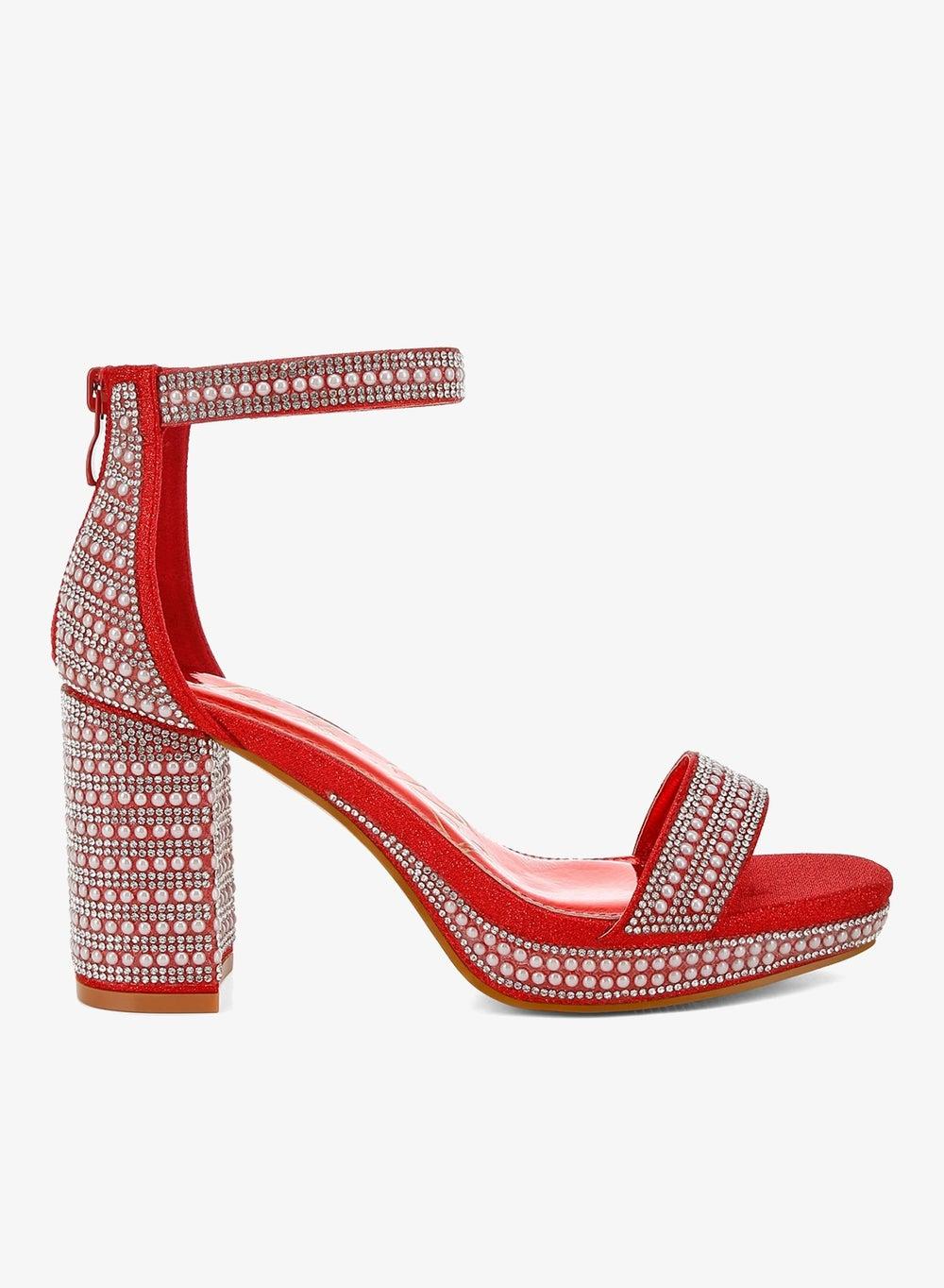 SH4961 Red Rhinestone Pearl Heeled Sandals - Image 1