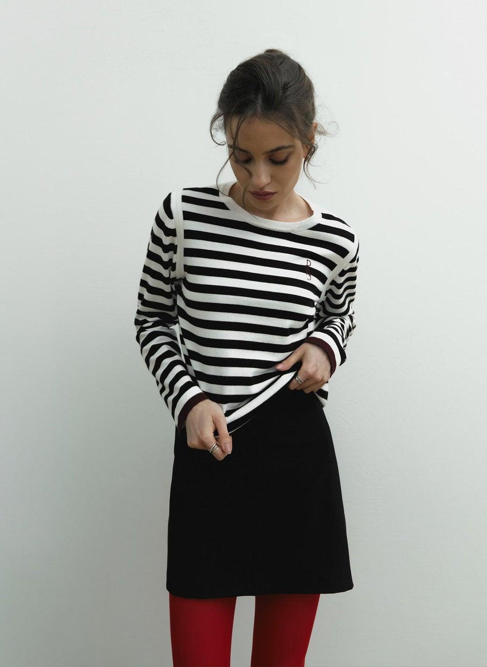 Striped Embroidered Long Sleeve Crew Neck Top - Image 1