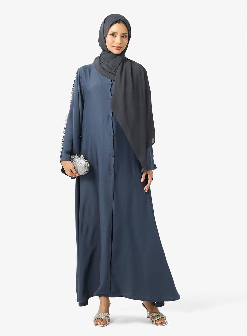 Dark Navy Button Detail Flared Sleeve Abaya Ss25Ab156 - Image 1