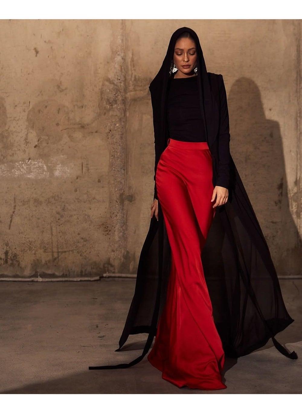 Red Silk Maxi Skirt – Flared Silhouette - Image 1