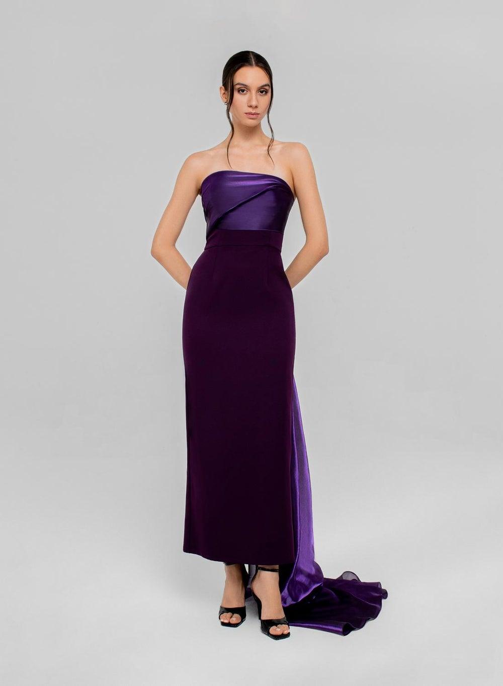 Maha Purple Crepe Evening Gown with Draped Train - Image 1