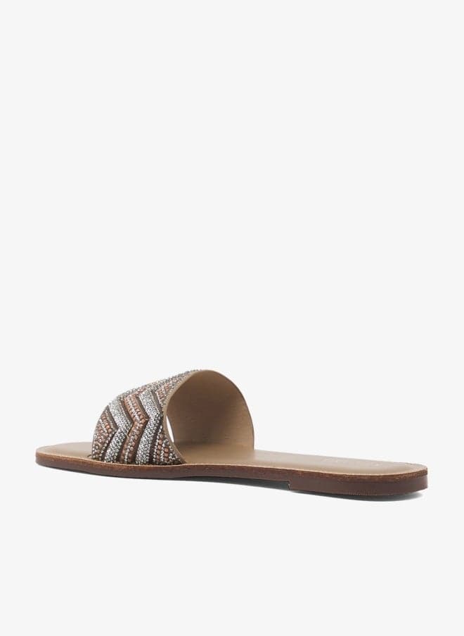 Khaki Embellished Flat Slip-On Sandals Vhlg53341 - Image 1