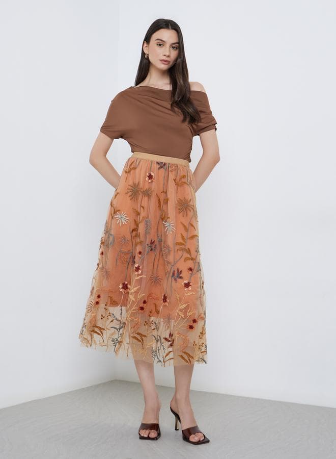 Bronze Floral Embroidered Mesh A-Line Maxi Skirt - Image 1