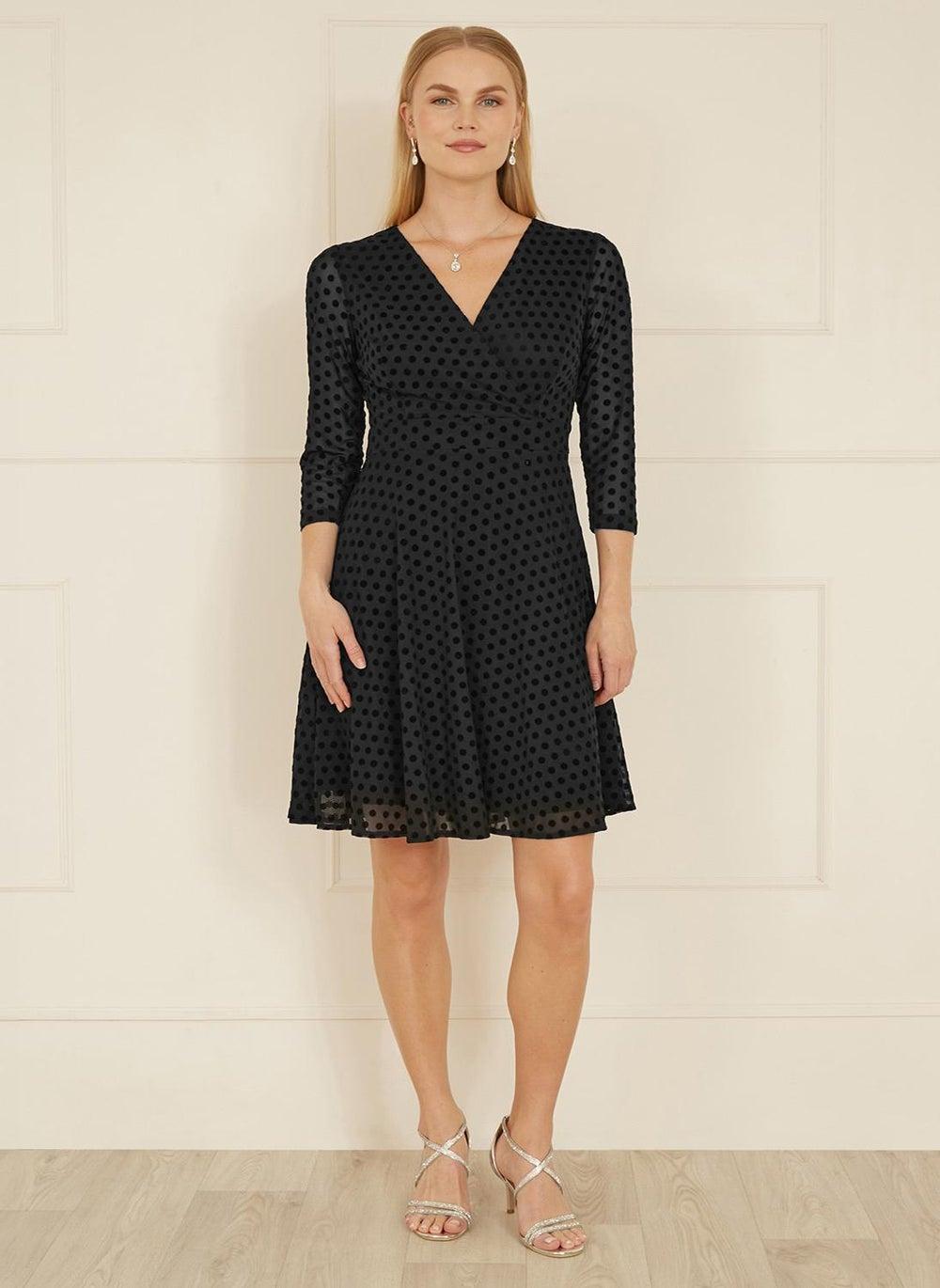Black Polka Dot Wrap Midi Dress V-Neck - Image 1