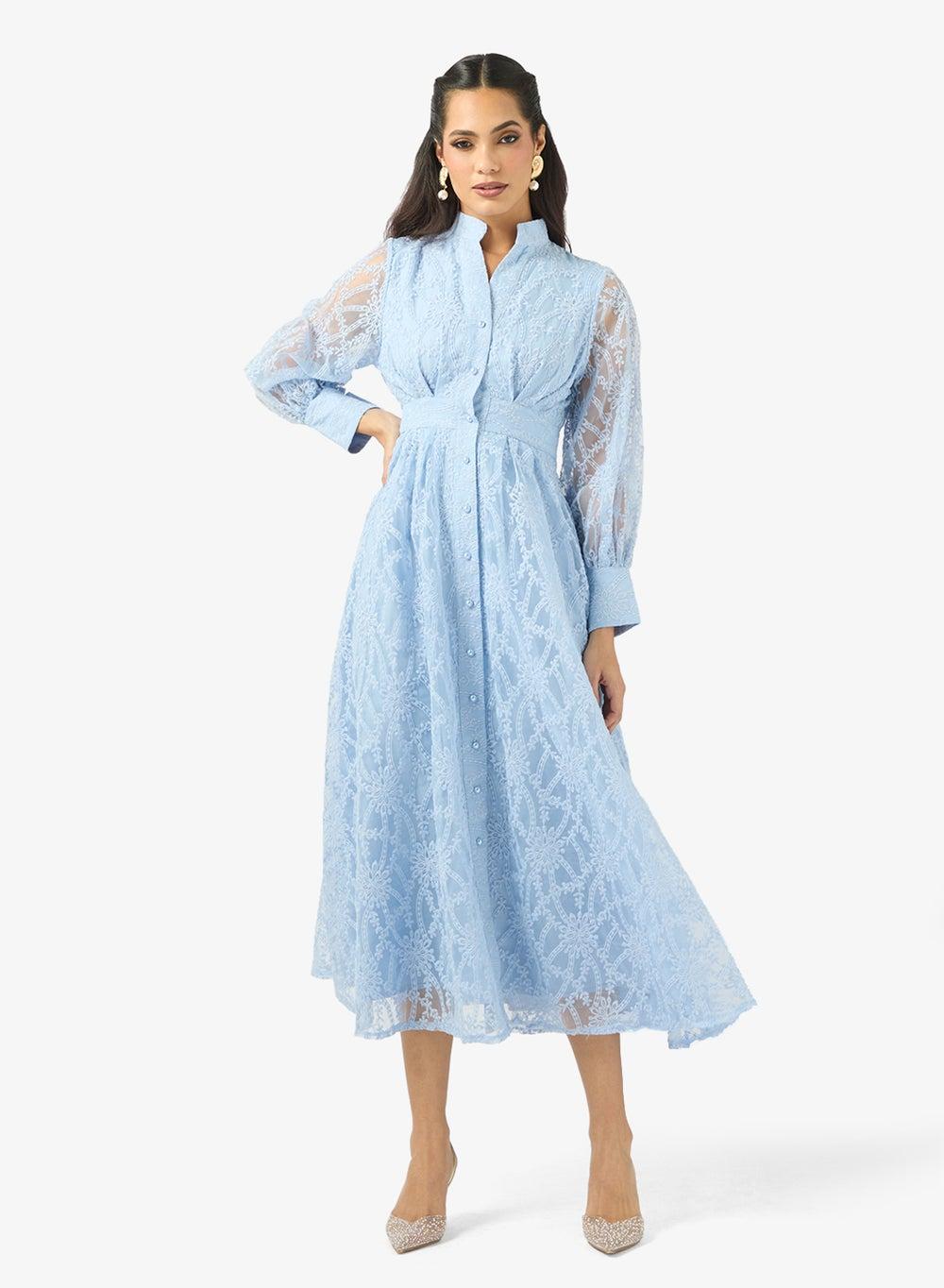 Sky Blue Lace A-Line Midi Shirt Dress Vt8871 - Image 1