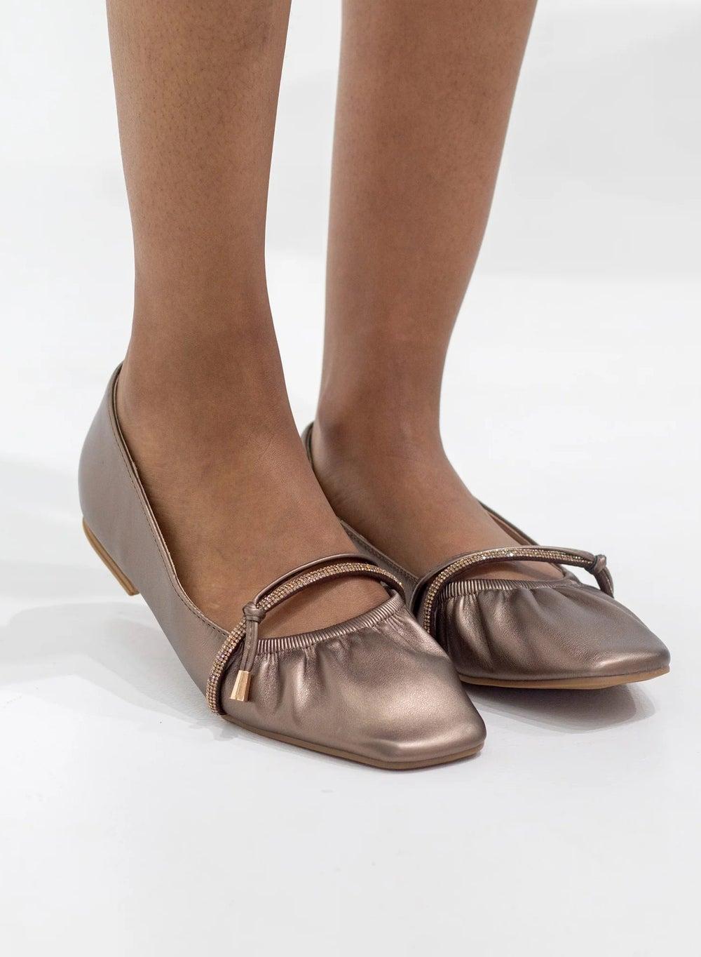 Calistos Bronze Ballerina Flats with Side Knot Belt - Image 1