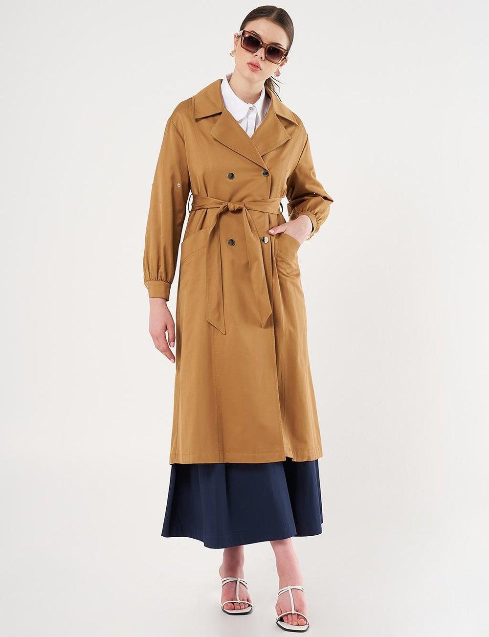 Mandarin Collar Belted Trench Coat Tobacco Smoke - Image 1