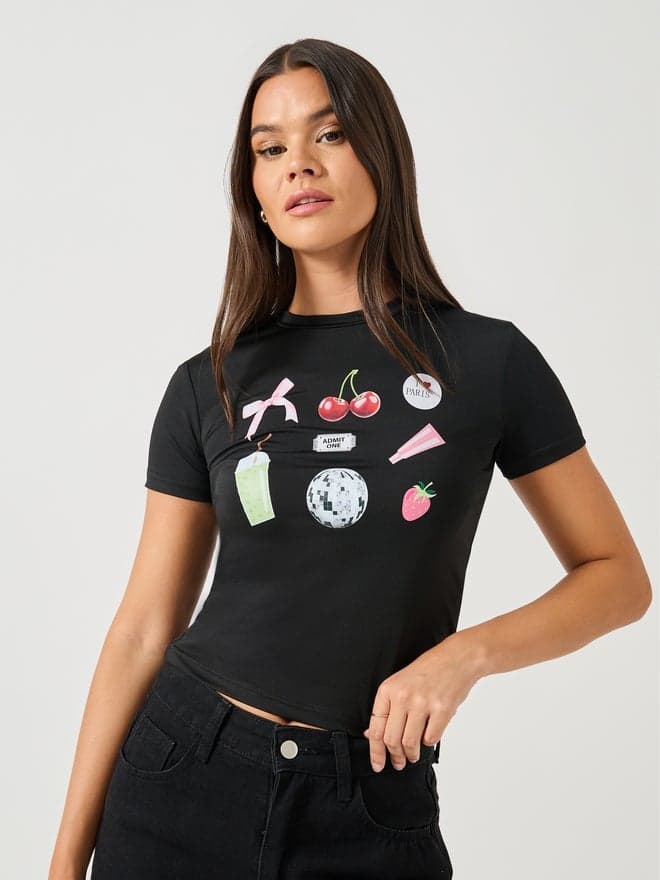 Movie Snacks Graphic Cropped Fitted T-Shirt - Image 1