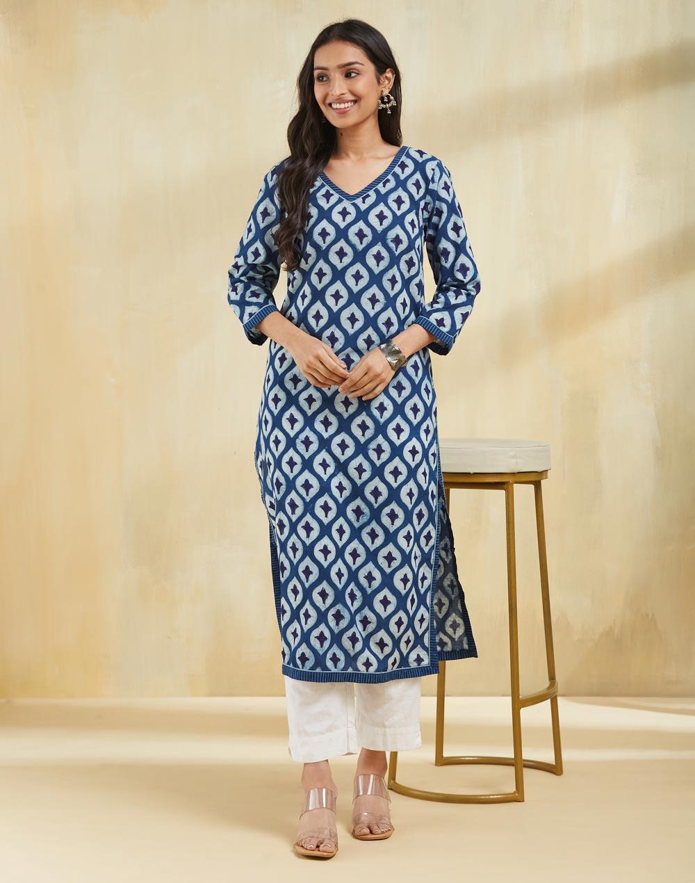 Indigo Printed Cotton Long Kurta V-Neck Classic Fit - Image 1