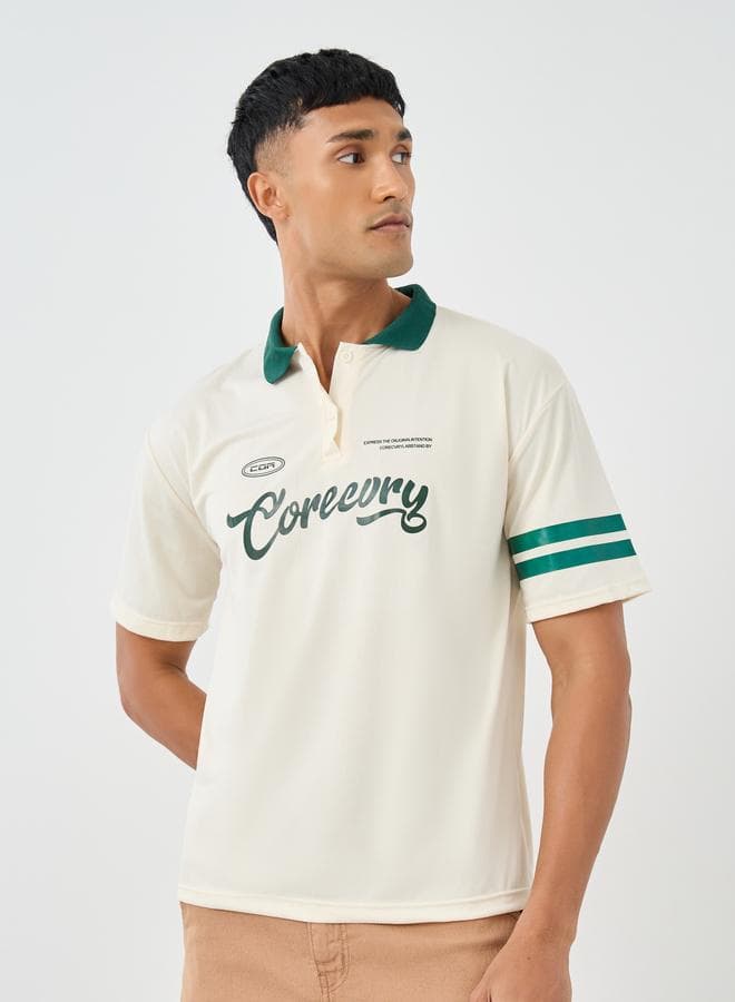 Oversized Varsity Print Polo T-Shirt – Striped White - Image 1