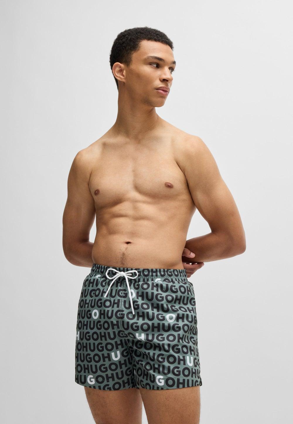 HUGO Logo-Print Swim Shorts 50535412343 Open Green - Image 1