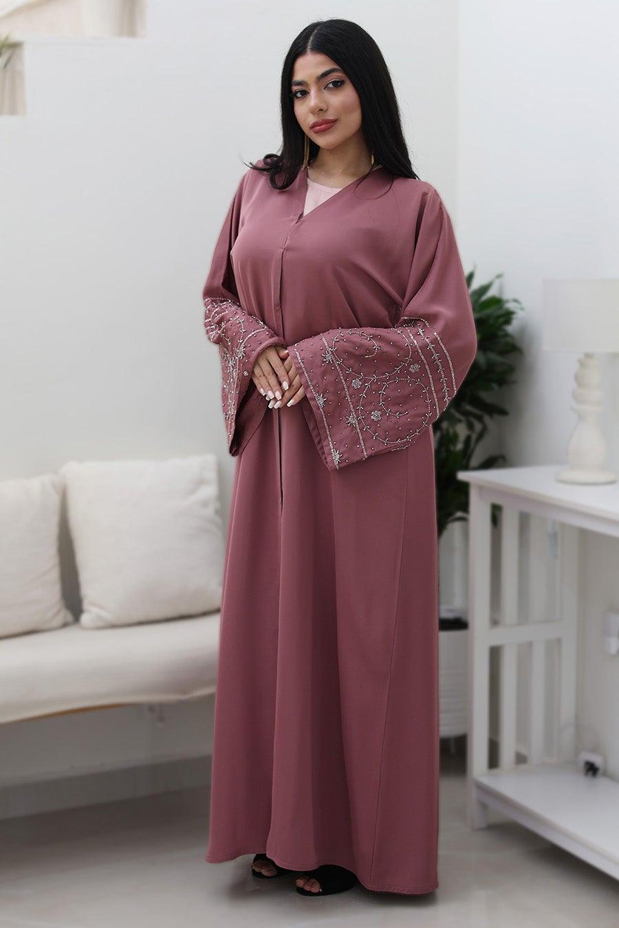 Dusty Rose Dream Abaya 782 with Silver Beadwork - Image 1
