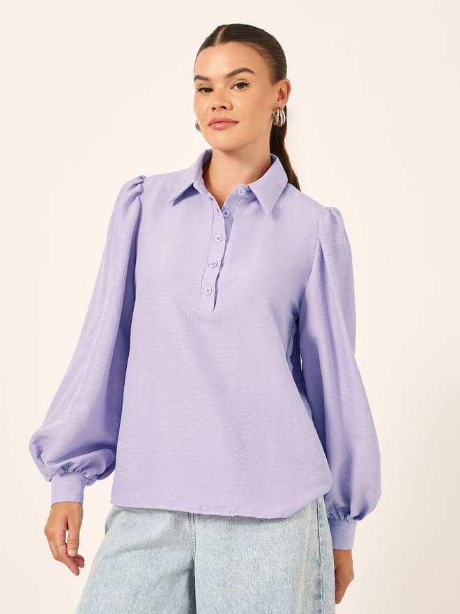 Styli Textured Balloon Sleeve Collar Shirt Purple - Image 1