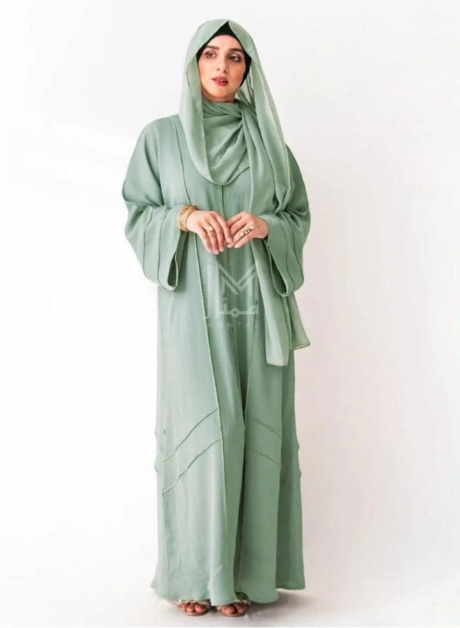 Riya Green Casual Abaya with Contrast Thread Detail - Image 1
