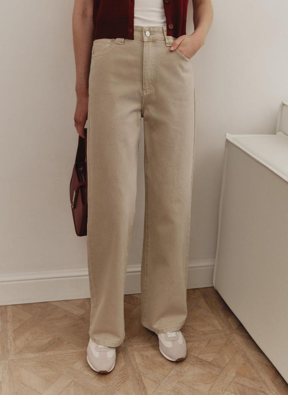 Mid-Rise Distressed Beige Loose Fit Jeans - Image 1