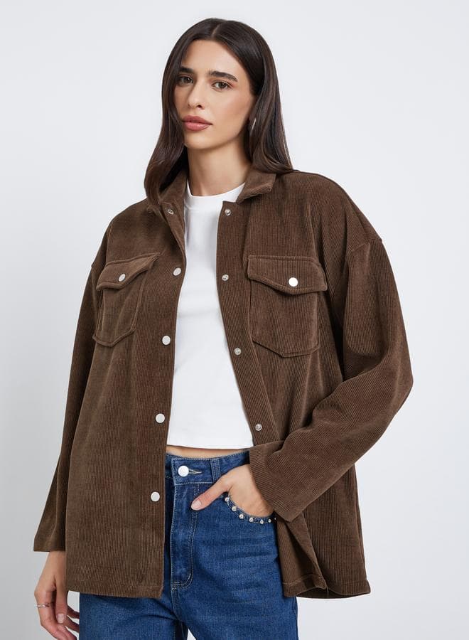 Styli Brown Oversized Corduroy Longline Shacket - Image 1
