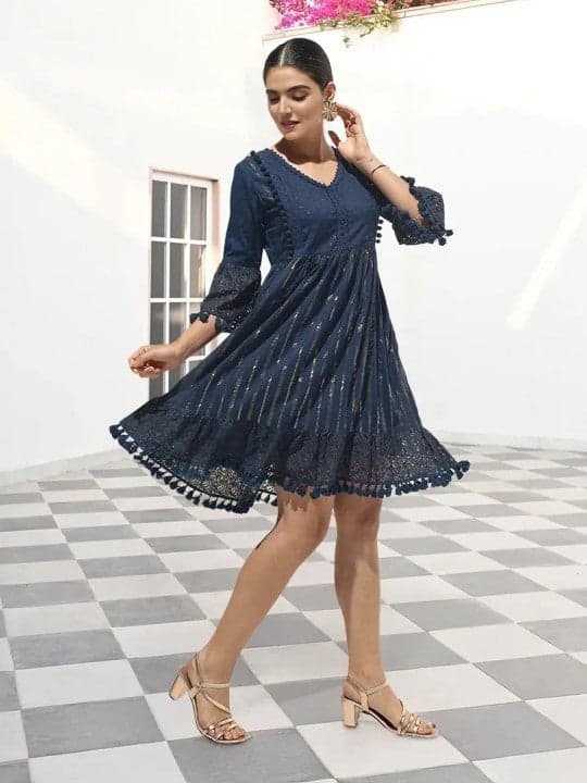Navy Embellished Cotton Blend Midi A-Line Dress - Image 1