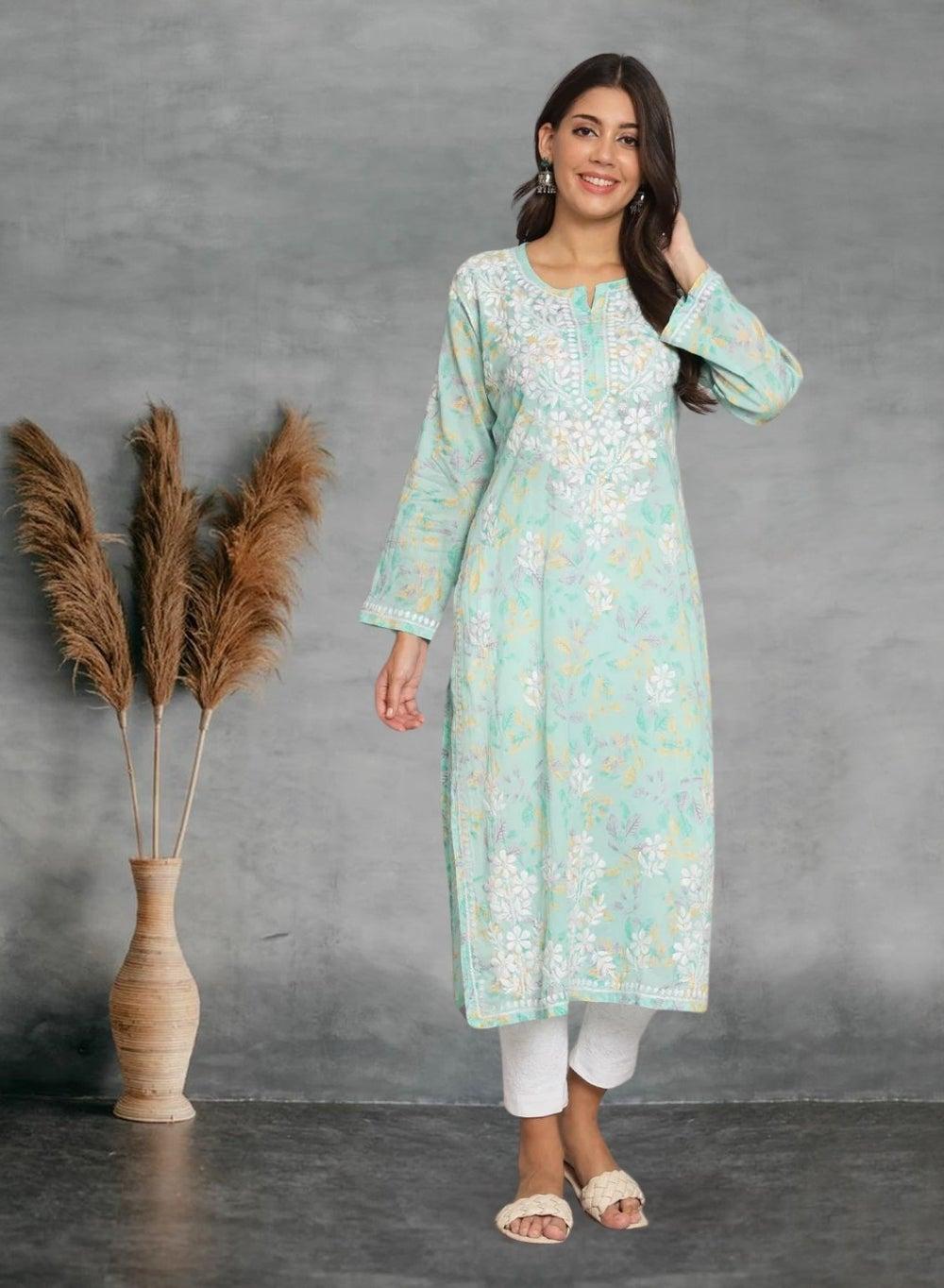 Seagreen Chikan Embroidered Mulmul Kurta AL3680 - Image 1