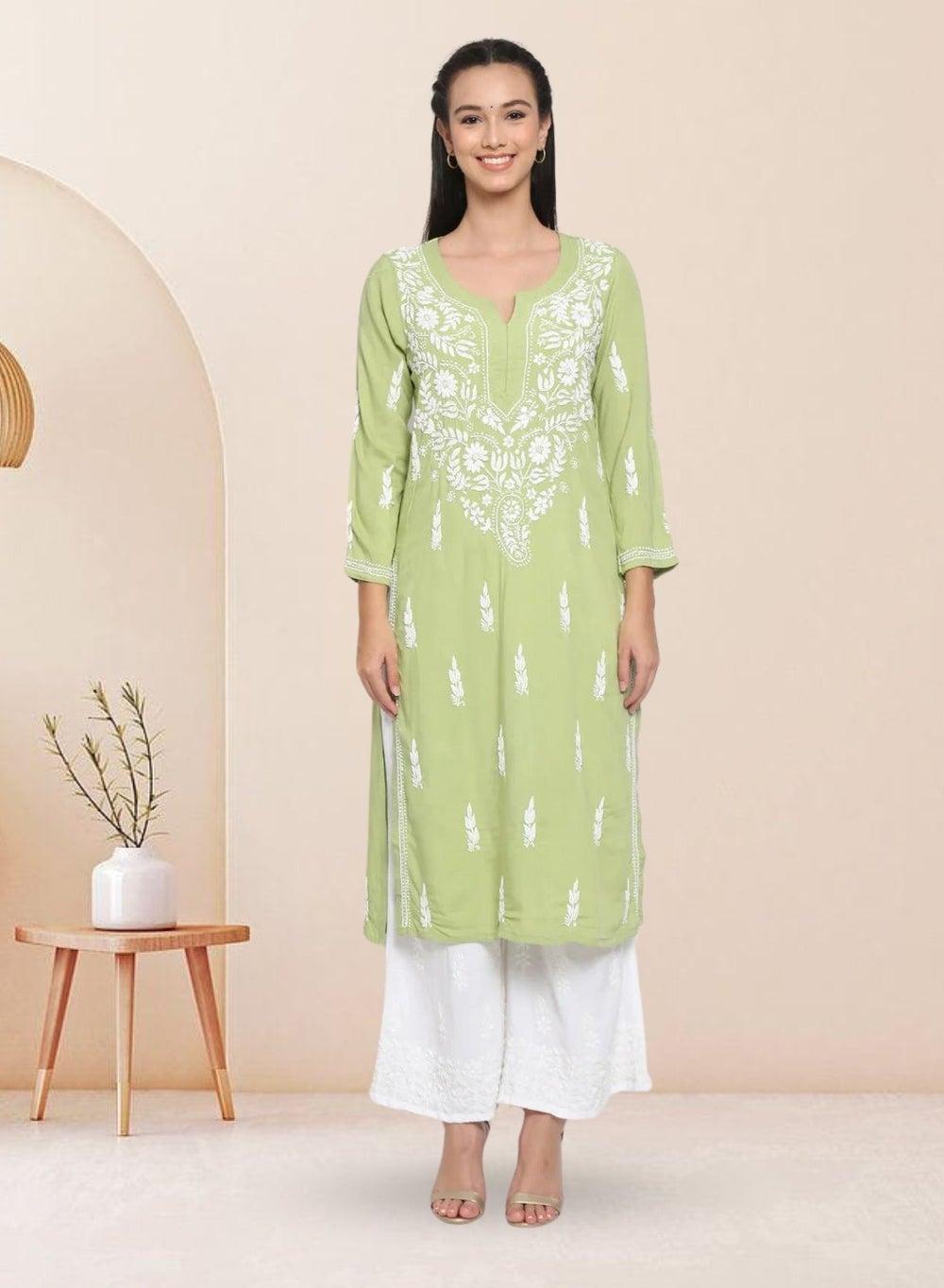 Hand Embroidered Chikankari Kurta AL3451 Green Elegance - Image 1