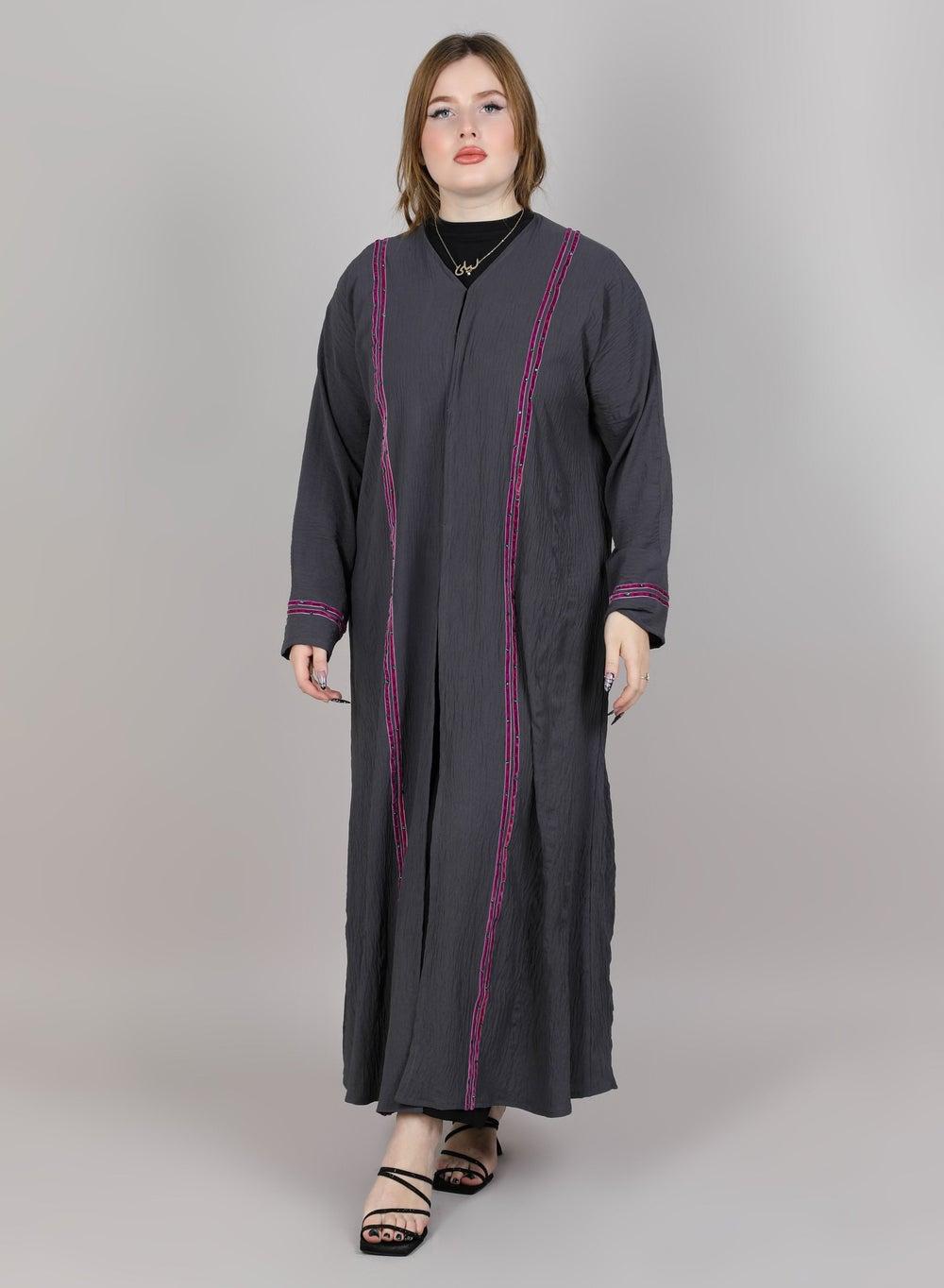 MSquare Grey Harir Maqsood V-Neck Open Abaya - Image 1