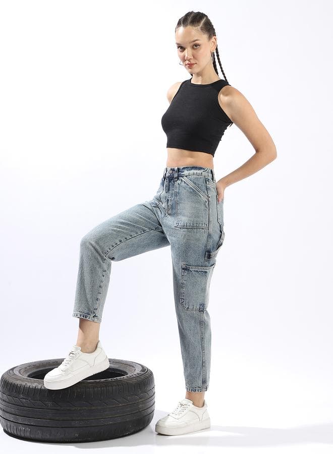 High-Rise Mom Fit Carpenter Cargo Crop Jeans Blue - Image 1