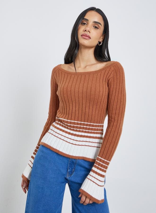 Styli Brown Ribbed Knit Striped Long Sleeve Top - Image 1