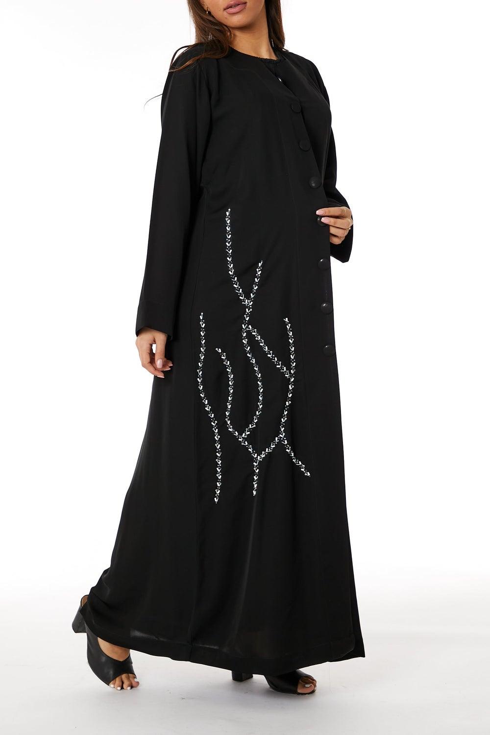 Black Embroidered Flared Sleeve Asymmetric Abaya - Image 1