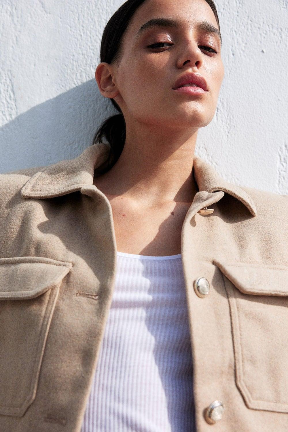 Brushed-Finish Beige Jacket with Metal Buttons - Image 1