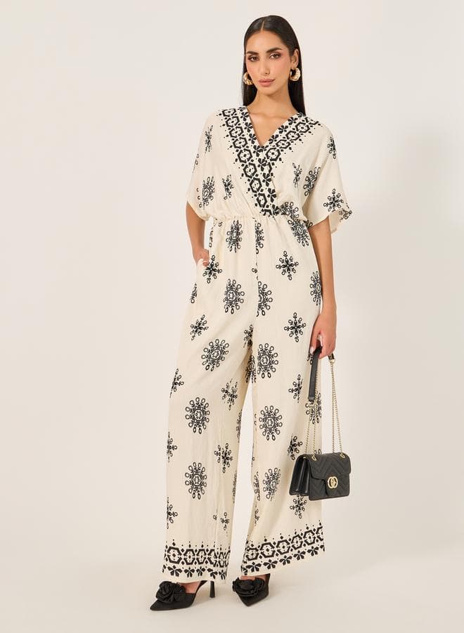 White Printed V-Neck Jumpsuit 7012185836White - Image 1