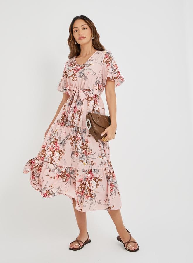 Pink Floral Ruffle Trim A-Line Midi Dress Tie Waist - Image 1