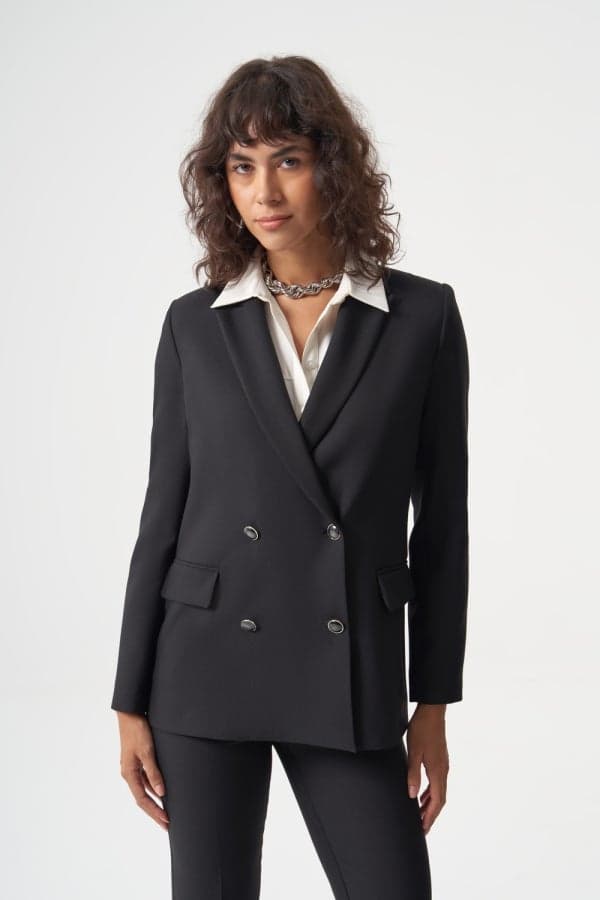 Black Woven Double-Breasted Jacket Classic Fit - Image 1