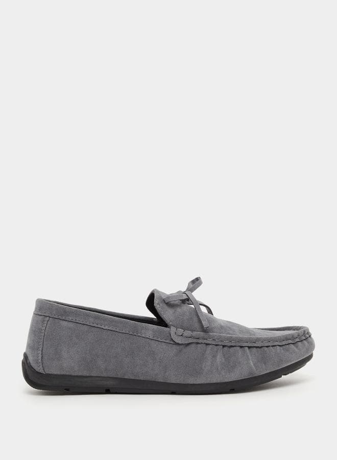 Styli Textured Bow Accent Grey Slip-On Loafers - Image 1