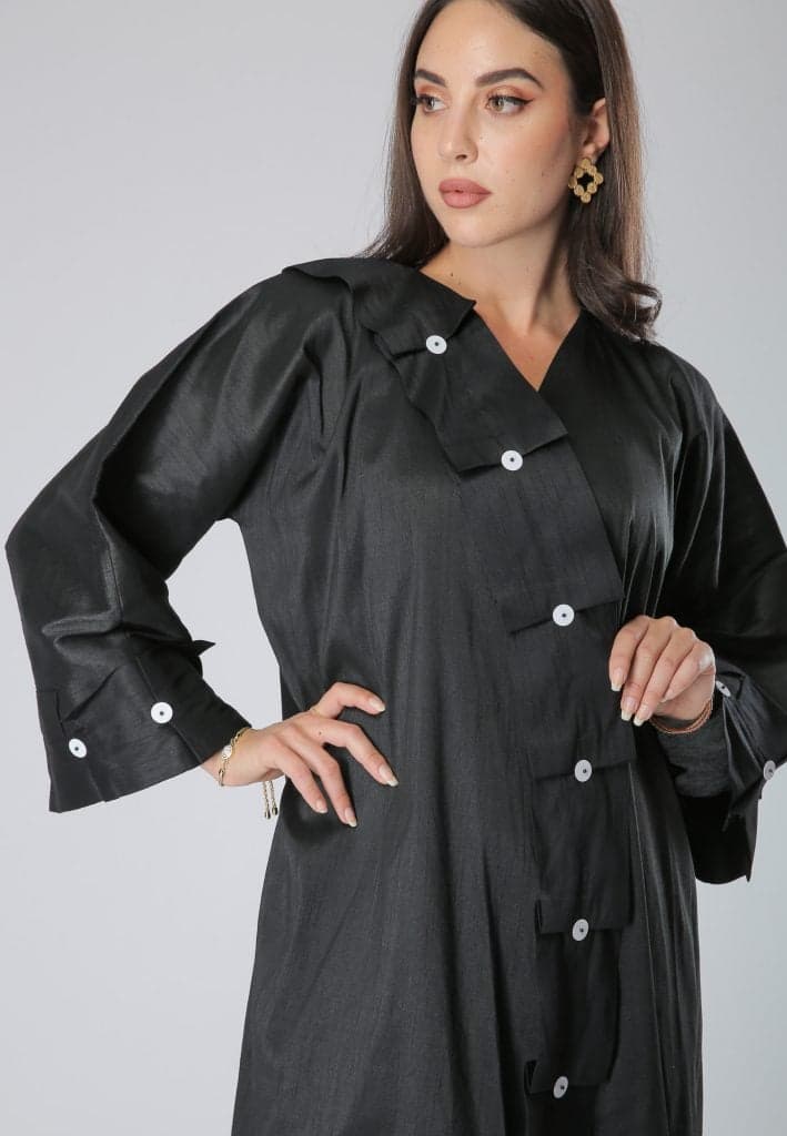 Black Lace Detail Pleated Evening Abaya - Image 1