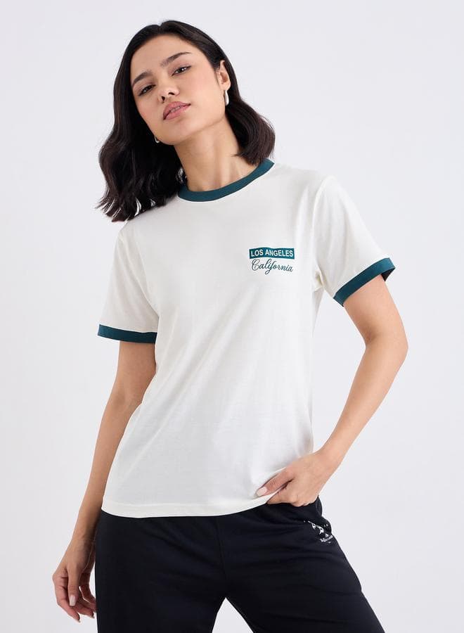 Cream Contrast Trim Round Neck 100% Cotton T-Shirt - Image 1