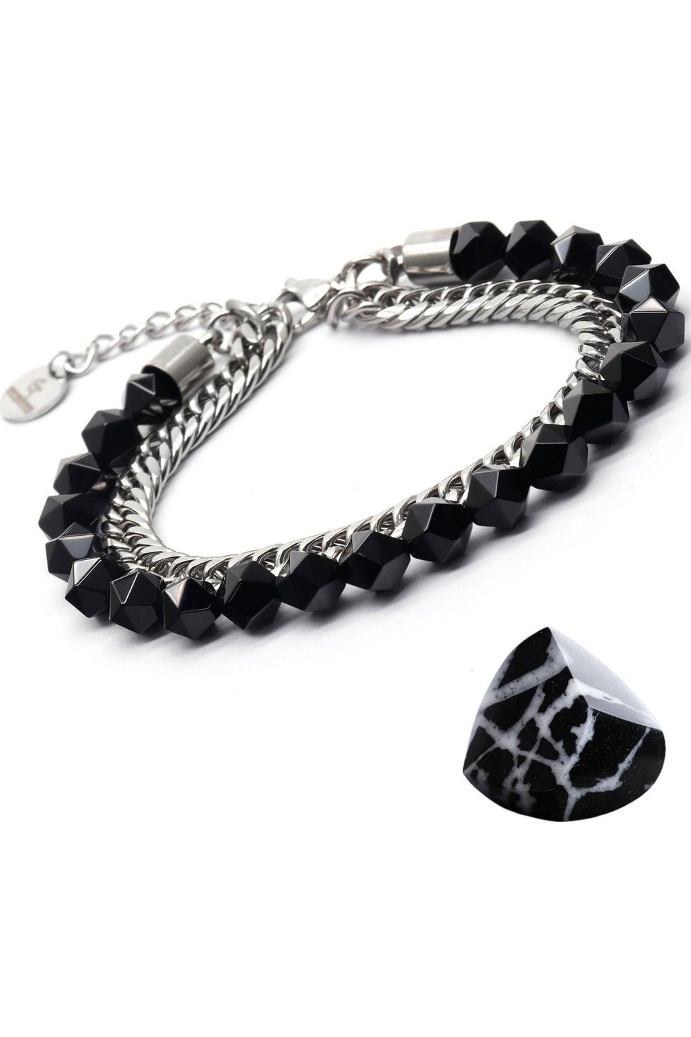 Black Onyx Faceted Bead Bracelet with Steel Chain - Image 1