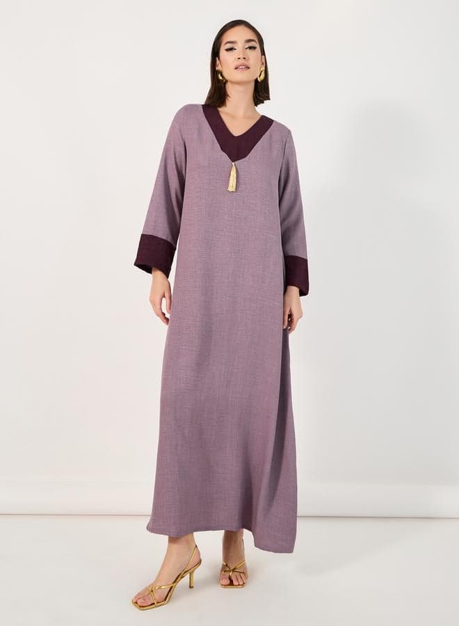 Contrast Cuff Jalabiya 7009898428 Pink Tassel Maxi - Image 1