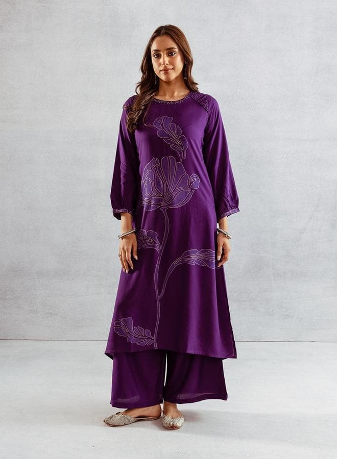 Purple Printed Rayon Kurta Palazzo Set Straight Fit - Image 1