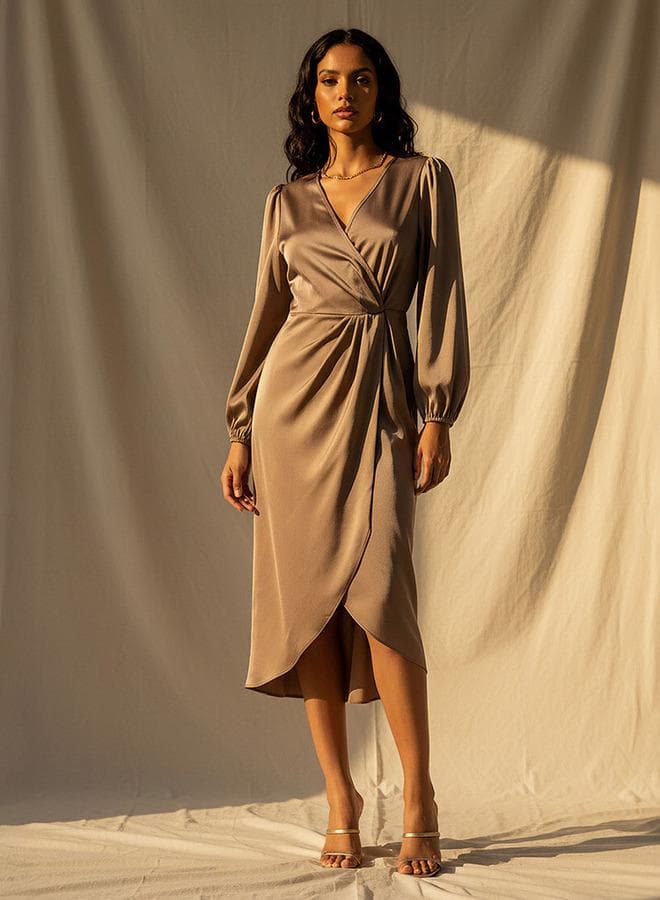Beige Wrap Midi Satin Dress with Puff Sleeves - Image 1
