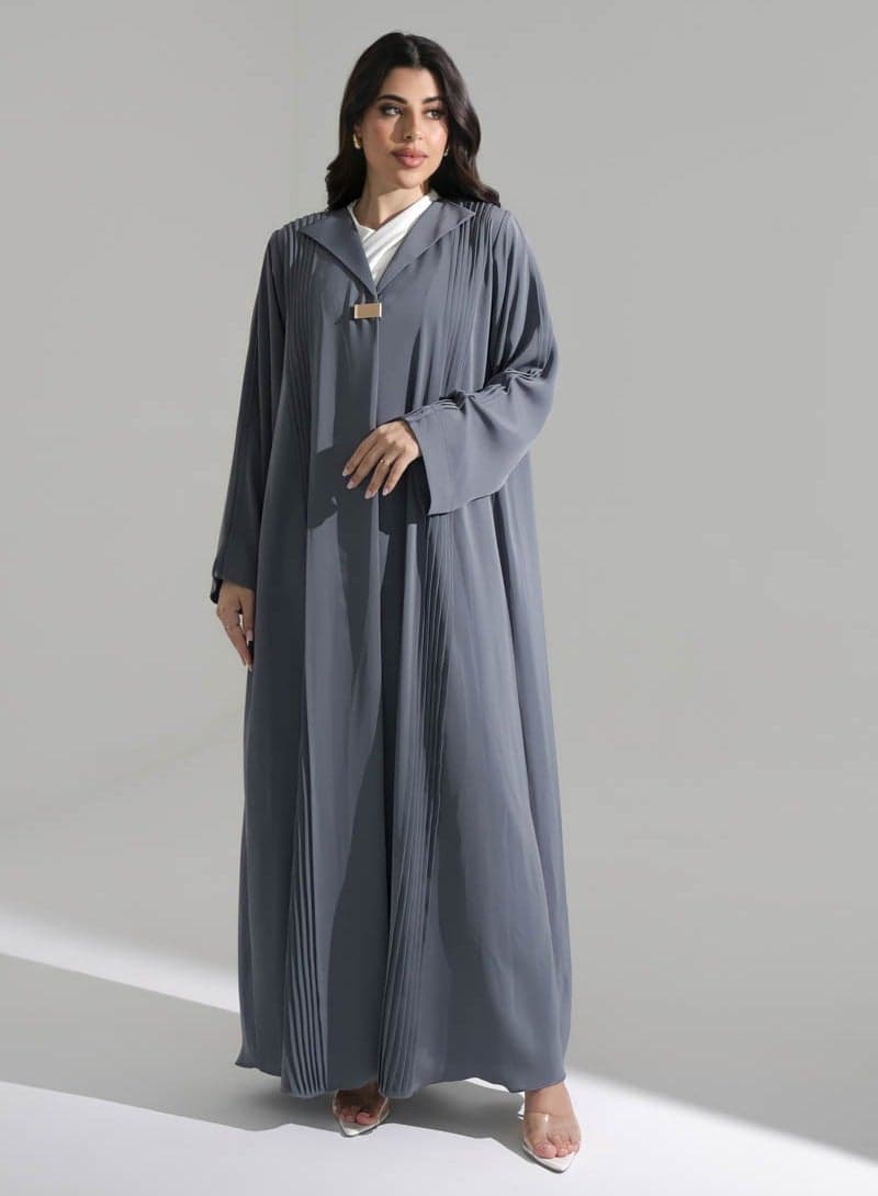 Elegant Grey Pleated Front Abaya Classic V-Neck - Image 1