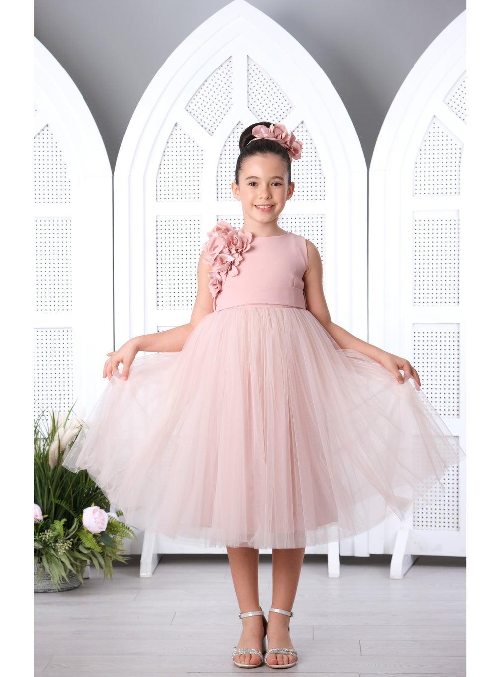 Blush Floral Bodice Tulle Midi Dress - Image 1