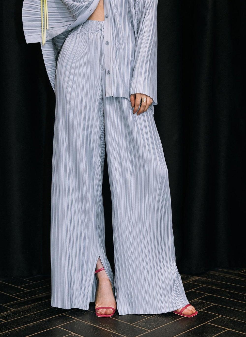 Light Blue Plissé Palazzo Pants High-Rise Wide Leg - Image 1